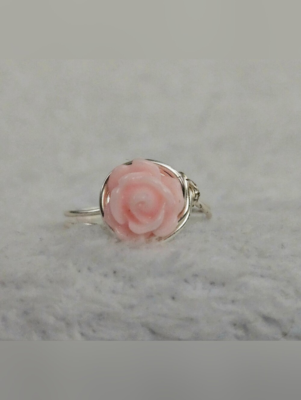 Delicate Pink Rose Ring on Silver-Effect Band